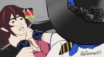  anomen77 arknights asphyxiation bracelet chokeposting_(meme) choking hat highlights jacket jewelry leather leather_jacket meme midnight_(arknights) multicolored_hair open_clothes open_shirt orchid_(arknights) self_upload video_game 