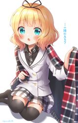  1girl aqua_eyes bangs black_legwear black_ribbon black_shirt blonde_hair blunt_bangs blush commentary double-breasted gochuumon_wa_usagi_desu_ka? hair_ribbon kirima_sharo long_sleeves looking_at_viewer medium_hair mozukun43 necktie open_mouth plaid plaid_neckwear plaid_skirt ribbon school_uniform shirt simple_background sitting skirt solo tedeza_rize&#039;s_school_uniform thigh-highs translation_request twitter_username white_background yokozuwari zettai_ryouiki 