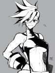  1girl bare_shoulders breasts commentary_request eyebrows_visible_through_hair galo_thymos genderswap genderswap_(mtf) gloves grey_background greyscale hair_between_eyes large_breasts monochrome navel promare simple_background sleeveless solo spiky_hair standing takatsuki_ichi under_boob upper_body 
