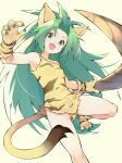  1girl :d animal_ears ass_visible_through_thighs bare_shoulders big_hair boomerang breasts cham_cham collarbone eyebrows_visible_through_hair fang gloves green_eyes green_hair hair_intakes long_hair no_panties open_mouth paw_gloves paw_shoes paws samurai_spirits shoes single_strap small_breasts smile solo tail thighs tiger_ears tiger_girl tiger_tail very_long_hair youhei_64d 