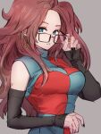  1girl android_21 black-framed_eyewear black_nails blue_eyes checkered checkered_dress dragon_ball dragon_ball_fighterz dress earrings glasses grey_background hand_up hoop_earrings jewelry kemachiku looking_at_viewer nail_polish redhead ring simple_background solo upper_body 