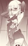  1girl armpits arms_behind_head arms_up bangs blush breasts fate/grand_order fate_(series) greyscale highres kama_(fate/grand_order) looking_at_viewer m-da_s-tarou monochrome open_mouth short_hair 