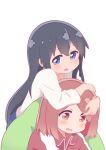  2girls black_hair blue_eyes blue_pants blush brown_hair casual child commentary_request cushion hand_in_hair hatafuta hoshino_miyako_(wataten) hug hug_from_behind jacket long_hair long_sleeves looking_down multiple_girls open_mouth pants red_eyes red_jacket shirosaki_hana shirt simple_background sitting standing track_jacket track_suit very_long_hair watashi_ni_tenshi_ga_maiorita! wavy_mouth white_background white_shirt 