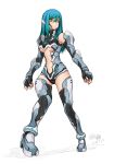  1girl armor blue_hair breasts check_copyright clothing_cutout copyright_request dated elbow_gloves fingerless_gloves full_body gloves headgear highres long_hair looking_at_viewer medium_breasts navel navel_cutout original science_fiction shoes signature simelu simple_background solo standing thigh-highs under_boob white_background yellow_eyes 