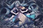  1girl absurdly_long_hair absurdres aqua_eyes aqua_hair bare_shoulders black_shirt bubble collar commentary dated elbow_gloves feet_out_of_frame gloves hatsune_miku highres holding holding_instrument instrument long_hair long_skirt looking_at_viewer miku_symphony_(vocaloid) music neon_trim paper playing_instrument pleated_skirt qi_zhong_ji shirt skirt solo standing thigh-highs twintails very_long_hair violin violin_bow vocaloid white_collar white_gloves white_legwear white_skirt 