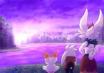  cinderace cliff clouds commentary_request from_behind gen_8_pokemon grass hands_on_hips highres outdoors pokemon pokemon_(creature) raboot scorbunny sky standing tem_(mimoteurur013) 