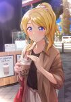  1girl ascii_media_works ayase_eli bag black_shirt blonde_hair blue_eyes blush brown_jacket bubble_tea bushiroad closed_mouth collared_shirt cup disposable_cup drinking_straw food_stand ground_vehicle handbag high_ponytail highres jacket love_live! love_live!_school_idol_project moe motor_vehicle open_clothes open_jacket outdoors scrunchie shamakho shirt sidelocks sleeves_rolled_up standing sunrise_(studio) tree van white_scrunchie 