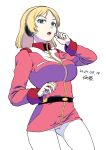  1girl belt blonde_hair blue_eyes gundam headphones looking_at_viewer microphone military military_uniform mobile_suit_gundam pantyhose sayla_mass short_hair simple_background solo tsukudani_(coke-buta) uniform 