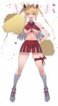  1girl :d agovitch bare_shoulders breasts cheerleader confetti earrings fate/extra fate_(series) full_body green_eyes groin hand_on_hip highres jewelry kneehighs long_hair looking_at_viewer navel nero_claudius_(fate) nero_claudius_(fate)_(all) open_mouth pleated_skirt pom_poms simple_background skirt smile solo sweat teeth thigh_strap translated twintails under_boob white_background white_legwear 