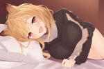  1girl :d animal_ears arknights bangs bed_sheet black_shirt blonde_hair breasts ceobe_(arknights) commentary eyebrows_visible_through_hair fangs highres long_hair looking_at_viewer lying medium_breasts mizu_(lzzrwi603) on_side open_mouth pillow red_eyes shirt smile solo 