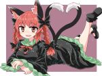  1girl animal_ears bangs black_bow black_dress black_footwear black_legwear black_tail border bow braid breasts brown_background cat_ears cat_tail chups dress extra_ears eyebrows_visible_through_hair fang frilled_dress frilled_sleeves frills full_body hair_bow heart heart_tail highres kaenbyou_rin leg_up long_sleeves lying medium_hair multiple_tails nekomata on_stomach open_mouth red_eyes red_neckwear redhead simple_background smile solo tail the_pose touhou twin_braids white_border wide_sleeves 