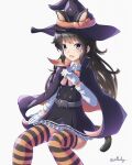  1girl absurdres animal_ears arthur_ko asashio_(kantai_collection) black_cape black_hair blue_eyes cape cat_ears cat_tail dress gloves halloween_costume hat highres huge_filesize kantai_collection long_hair long_sleeves multicolored multicolored_cape multicolored_clothes orange_cape pinafore_dress remodel_(kantai_collection) shirt sitting solo striped striped_legwear tail thigh-highs two-sided_cape two-sided_fabric white_gloves white_shirt witch_costume witch_hat 