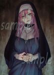  1girl @_@ absurdres bandaged_arm bandages black_collar black_nails collar commission cross dated eyebrows_visible_through_hair eyes_visible_through_hair fingernails hair_between_eyes highres long_hair nun ojo_aa original parted_lips pink-haired_nun_(skeb) pink_hair sample signature skeb_commission smile solo standing 