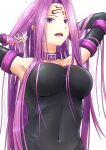  1girl absurdres armpits black_sleeves breasts collar collarbone covered_navel detached_sleeves facial_mark fate/stay_night fate_(series) hair_intakes highres holding holding_hair ichi_yoshida long_hair long_sleeves medium_breasts open_mouth purple_collar purple_hair rider shiny shiny_hair simple_background solo straight_hair strapless upper_body very_long_hair violet_eyes white_background 
