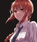  1girl bangs black_neckwear braid braided_ponytail breasts brown_hair business_suit chainsaw_man collared_shirt eyes formal highres long_sleeves looking_at_viewer makima_(chainsaw_man) medium_breasts medium_hair morning0404 necktie neckwear red_eyes shirt simple_background smile solo suit upper_body 