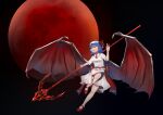  1girl absurdres bat_wings black_background blue_hair fingernails frills hair_between_eyes highres holding holding_polearm holding_spear holding_weapon moon open_mouth peng7728084 polearm red_eyes red_footwear red_moon red_nails remilia_scarlet sharp_fingernails short_hair solo spear touhou weapon white_headwear wings 