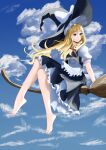  1girl :o apron arm_support barefoot black_headwear black_skirt black_vest blonde_hair bow braid broom broom_riding buttons clouds cloudy_sky commentary_request crossed_legs day frilled_hat frilled_skirt frills hair_bow hat hat_bow highres kirisame_marisa legs long_hair outdoors puffy_short_sleeves puffy_sleeves red_bow shirt short_sleeves side_braid single_braid skirt sky solo toes touhou user_xwdp4447 vest waist_apron white_apron white_bow white_shirt witch witch_hat yellow_eyes 