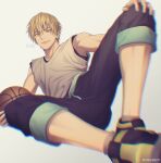  1boy ball bangs basketball black_pants blurry brown_eyes brown_hair character_name closed_mouth commentary_request depth_of_field grey_background grey_shirt hair_between_eyes hand_on_own_knee holding holding_ball jewelry kise_ryouta kuroko_no_basuke looking_at_viewer male_focus mashima_shima pants shirt short_hair simple_background single_earring sitting sleeveless sleeveless_shirt smile solo twitter_username 