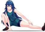  1girl ameno_(a_meno0) bare_arms bare_legs blue_eyes blue_hair fire_emblem fire_emblem_awakening long_hair looking_at_viewer lucina lucina_(fire_emblem) simple_background smile solo solo_focus stretch stretched_limb symbol-shaped_pupils tiara white_background 