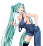  1girl absurdres alternate_costume aqua_eyes aqua_hair asymmetrical_legwear blush breasts cowboy_shot denim hand_in_pocket hatsune_miku highres koba_(furikake-p) long_hair naked_overalls off_shoulder open_mouth overalls sideboob simple_background single_thighhigh smile solo strap_slip thigh-highs twintails very_long_hair vocaloid white_background 