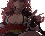  1girl baiken black_gloves breasts breasts_apart closed_mouth commentary dark eyepatch fingerless_gloves gloves guilty_gear highres holding katana kiseru large_breasts long_hair looking_at_viewer obi one_eye_covered pipe red_eyes redhead sash scar scar_across_eye simple_background solo ssambatea sword weapon white_background 