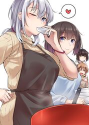  4girls absurdres akizuki_(kantai_collection) apron black_apron black_hair blue_eyes blush brown_hair eyebrows_visible_through_hair food hair_between_eyes hatsuzuki_(kantai_collection) heart highres holding holding_food kantai_collection kiritto long_hair long_sleeves multiple_girls one_eye_closed open_mouth ponytail pot ribbed_sweater short_hair silver_hair simple_background smile spoken_heart suzutsuki_(kantai_collection) sweater teruzuki_(kantai_collection) violet_eyes white_background yellow_eyes 