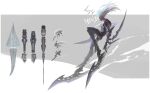  1boy absurdres bare_shoulders blade closed_mouth concept_art cyborg duuwgo english_text highres long_hair male_focus mechanical_arms mechanical_legs ninja original science_fiction silhouette slashing solo weapon white_eyes white_hair 