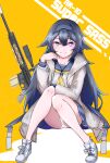  black_hair character_name girls_frontline gun hair_between_eyes hair_flaps highres jacket long_hair looking_at_viewer melody-05 panties pantyshot rifle school_uniform scope serafuku skirt sniper_rifle super_sass_(girls_frontline) suppressor underwear violet_eyes weapon white_footwear white_panties 