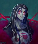  1boy angry blue_hair bodypaint collarbone cu_chulainn_(fate)_(all) cu_chulainn_alter_(fate/grand_order) dark_blue_hair earrings facepaint fate/grand_order fate_(series) frown fur hikaru_(asteriskring) hood hood_up jewelry long_hair looking_at_viewer male_focus ponytail red_eyes sharp_teeth solo spikes teeth twitter_username type-moon 