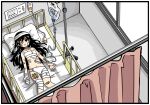  1girl bandaged_fingers bandaged_head bandages bandaid bandaid_on_knee black_hair cast commentary eyepatch highres hospital intravenous_drip long_hair lying manmi on_back on_bed original solo 