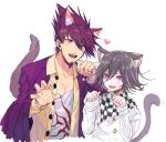  2boys animal_ear_fluff animal_ears black_hair blush cat_boy cat_ears cat_tail checkered claw_pose dangan_ronpa double-breasted extra_ears facial_hair fang hair_between_eyes heart highres jacket jewelry kemonomimi_mode long_sleeves looking_at_viewer male_focus momota_kaito multiple_boys nanin new_dangan_ronpa_v3 open_mouth ouma_kokichi paw_pose pink_eyes purple_hair shirt short_hair simple_background slit_pupils smile spiky_hair tail upper_body violet_eyes white_background white_shirt 