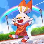  boots bush closed_mouth clothed_pokemon clouds coat commentary_request day etotsuji fang gen_8_pokemon highres lamppost lens_flare long_sleeves no_humans open_mouth orange_coat outdoors pokemon pokemon_(creature) rainbow scorbunny sky smile solo sparkle standing water 