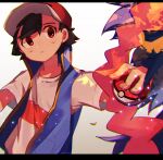  1boy artist_name ash_ketchum bangs baseball_cap black_hair brown_eyes commentary_request fingernails hair_between_eyes hat highres holding holding_poke_ball leaves_in_wind looking_to_the_side male_focus meddo parted_lips poke_ball poke_ball_(basic) pokemon pokemon_(anime) pokemon_swsh_(anime) shirt short_sleeves sleeveless sleeveless_jacket solo upper_body watermark white_shirt 