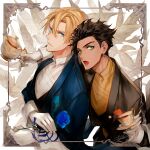  2boys arm_around_shoulder bangs bird black_hair black_jacket blonde_hair blue_eyes blue_flower blue_jacket blue_rose braid butler claude_von_riegan closed_mouth danhu dark_skin dark_skinned_male dimitri_alexandre_blaiddyd earrings fire_emblem fire_emblem:_three_houses flower formal frame gloves green_eyes hair_between_eyes highres holding holding_flower holding_plate holding_teapot jacket jewelry long_sleeves looking_at_viewer male_focus multiple_boys open_mouth plate pocket_square rose shirt short_hair signature single_braid sleeve_cuffs spill sugar_cube teapot tongue tongue_out upper_body white_background white_gloves white_shirt yellow_shirt 