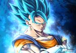 1boy 2094banana blue_background blue_eyes closed_mouth collarbone crossed_arms dragon_ball dragon_ball_super earrings highres jewelry looking_at_viewer male_focus muscle smug solo super_saiyan super_saiyan_blue twitter_username upper_body vegetto 