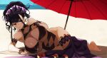  absurdres beach black_hair breasts covered_navel fate/grand_order fate_(series) hand_on_own_chest highres huge_breasts long_hair lying murasaki_shikibu_(fate) murasaki_shikibu_(swimsuit_rider)_(fate) naze ocean on_side one-piece_swimsuit parasol sarong swimsuit umbrella 
