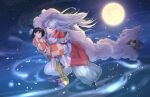  1girl 2boys armor barefoot black_hair closed_eyes closed_mouth crescent facial_mark forehead_mark full_moon fur gogo_(detteiu_de) highres inuyasha jaken japanese_clothes kimono long_hair moon multiple_boys pointy_ears rin_(inuyasha) sesshoumaru white_hair yellow_eyes 