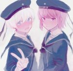  2girls bangs blue_dress blue_eyes blue_headwear blue_sailor_collar blush brown_hair closed_mouth clothes_writing dress grey_background hat kantai_collection kumofuki multiple_girls open_mouth sailor_collar sailor_dress sailor_hat short_hair simple_background upper_body v violet_eyes white_hair z1_leberecht_maass_(kantai_collection) z3_max_schultz_(kantai_collection) 