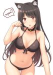  1girl :o animal_ear_fluff animal_ears bare_arms bare_shoulders bikini black_bikini black_choker black_hair breasts cat_ears cat_girl choker collarbone cowboy_shot front-tie_bikini front-tie_top halterneck long_hair looking_at_viewer medium_breasts nakamura_sumikage navel open_mouth original paw_pose red_eyes simple_background solo speech_bubble standing stomach swimsuit thigh_gap thighs white_background 