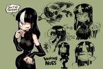  1girl :d anger_vein bags_under_eyes bare_shoulders black_dress black_hair black_sclera breasts buck_teeth detached_sleeves dress english_text flying_sweatdrops green_background hand_up highres large_breasts long_fangs long_hair looking_at_viewer multicolored_hair multiple_views noss_(rariatto) open_mouth original rariatto_(ganguri) sanpaku sideways_mouth sketch smile solo streaked_hair vampire wavy_mouth white_hair 