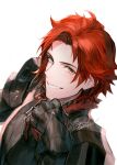  1boy armor black_armor breastplate brown_eyes danhu fire_emblem fire_emblem:_three_houses fur_trim gauntlets grin hand_up looking_at_viewer male_focus pauldrons redhead short_hair shoulder_armor signature simple_background smile solo sylvain_jose_gautier upper_body white_background 
