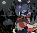  1girl 770mk asymmetrical_hair black_hair blue_skin candy english_text food grave graveyard hair_over_one_eye halloween happy_halloween jack-o&#039;-lantern leviathan_(skullgirls) lollipop moon night night_sky pumpkin red_eyes skullgirls sky smile squigly_(skullgirls) stitches tombstone twitter_username yellow_eyes zombie 