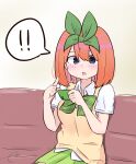  !! 1girl bangs blue_eyes blush bow cellphone collared_shirt couch eyebrows_behind_hair go-toubun_no_hanayome green_bow green_ribbon green_skirt hair_between_eyes hair_ribbon hands_up highres holding holding_phone kujou_karasuma looking_at_viewer nakano_yotsuba on_couch orange_hair parted_lips phone pleated_skirt ribbon shirt short_sleeves signature sitting skirt solo sweater_vest white_shirt 