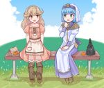  2girls :d apron blue_eyes blue_hair blush boots brown_eyes brown_hair corset dress faye_(fire_emblem) fire_emblem fire_emblem_echoes:_shadows_of_valentia flipped_hair food fruit kutabireta_neko long_hair long_sleeves low-braided_long_hair multiple_girls open_mouth orange outdoors silque_(fire_emblem) sitting smile veil white_dress 