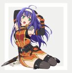  1girl :o ahoge arm_belt armor armpits arms_up belt belt_buckle black_footwear black_gloves black_legwear blush buckle dress elbow_gloves fire_emblem fire_emblem:_akatsuki_no_megami fire_emblem:_path_of_radiance fire_emblem:_radiant_dawn fire_emblem:_souen_no_kiseki fire_emblem_10 fire_emblem_9 full_body gloves green_eyes grey_background hairband hiyori_(rindou66) intelligent_systems long_hair mia_(fire_emblem) nintendo open_mouth orange_dress pouch purple_hair sheath sheathed shoulder_armor side_slit sitting sleeveless sleeveless_dress solo stretch super_smash_bros. sword tassel thigh-highs thighs two-tone_background very_long_hair wayu_(fire_emblem) weapon white_hairband yokozuwari zettai_ryouiki 