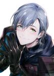  1boy armor ashe_ubert bangs black_gloves blue_shirt blush closed_mouth danhu fire_emblem fire_emblem:_three_houses gloves green_eyes hair_between_eyes hands_together hands_up long_sleeves looking_at_viewer male_focus shirt short_hair shoulder_armor signature silver_hair simple_background smile solo upper_body white_background 