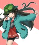  1girl absurdres bike_shorts brown_hair buttons camouflage_headwear coat commentary_request floating_hair green_coat green_headwear hand_up hat highres holding holding_poke_ball leaf_(pokemon) long_hair long_sleeves looking_at_viewer outstretched_arm poke_ball poke_ball_(basic) pokemon pokemon_(game) pokemon_masters_ex solo spread_fingers yukinano 