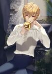  1boy apple armchair bangs blonde_hair blue_pants blurry blurry_foreground chair collared_shirt commentary_request commission curtains depth_of_field eyebrows_visible_through_hair food fruit golden_apple hair_between_eyes hands_up highres holding holding_food holding_fruit hu_kotora indoors long_hair long_sleeves male_focus on_chair original pants parted_lips red_eyes shirt sitting skeb_commission smile solo white_shirt 