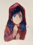  1girl 2020 absurdres amano_hina_(tenki_no_ko) blue_eyes blue_hair clenched_teeth coat colored_pencil_(medium) cropped_torso dated grey_background highres hood hood_up hooded_coat long_hair looking_at_viewer part66175290 raincoat red_coat shiny shiny_hair solo teeth tenki_no_ko traditional_media twintails upper_body 