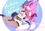  2girls animal_ears blue_eyes blue_hair blue_panties brand_new_animal character_name clenched_teeth fox_ears fox_girl fox_tail furry hand_in_hair hiwatashi_nazuna kagemori_michiru kou_eno lingerie long_hair looking_at_another midriff multicolored_hair multiple_girls navel nightgown panties pink_hair raccoon_ears raccoon_girl raccoon_tail red_eyes redhead short_hair sitting smile tail teeth twitter_username two-tone_hair underwear underwear_only yuri 